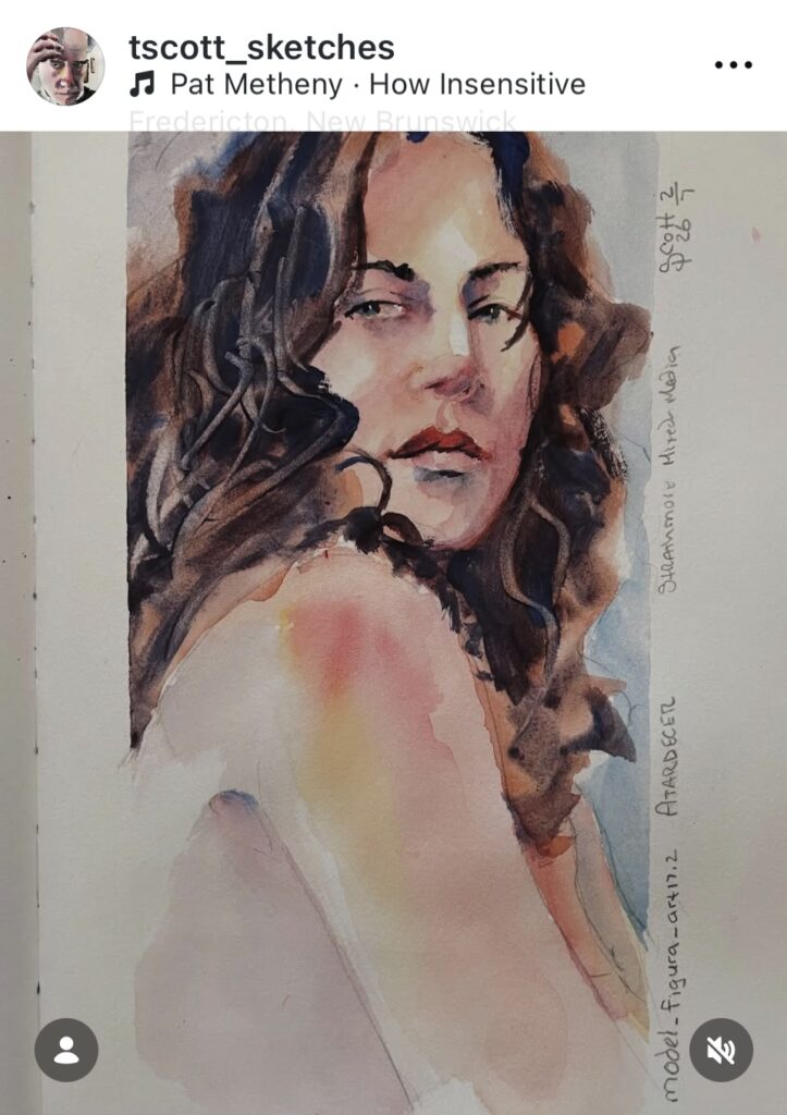 Watercolour sketchbook portrait of a girl linked to instagram account
